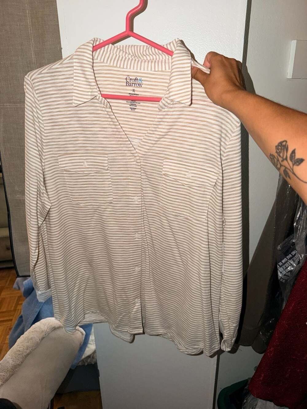 Croft & Barrow Button-Down Shirt Size XL Beige Striped Long Sleeve